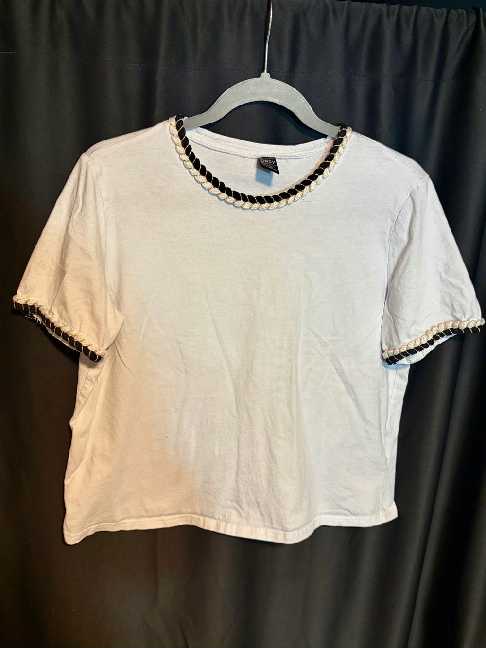 Women's White Short-Sleeve Tee with Black & Cream Braided Trim